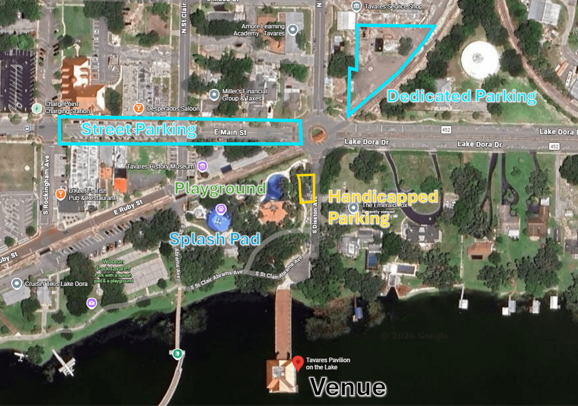Parking map showing dedicated parking, street parking, and handicapped parking near the venue